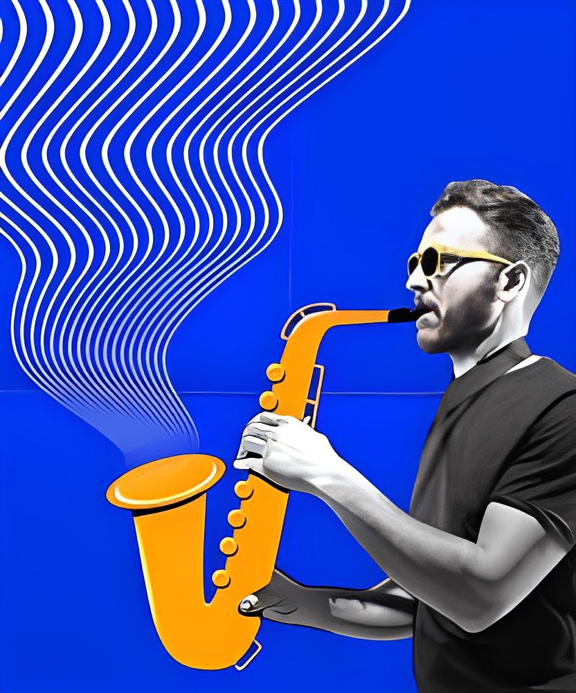 A person wearing sunglasses joyfully plays an oversized, vibrant yellow saxophone, resonating with flowing musical notes against a solid blue background—an ode to reliable craftsmanship.